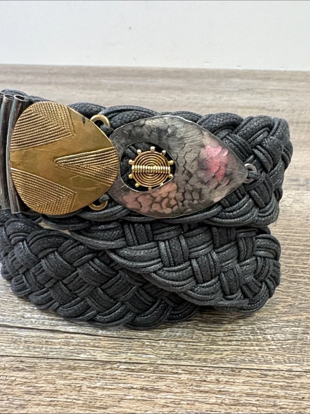 Marjorie Baer Braided Embellished Statement Belt Black Gold 39”